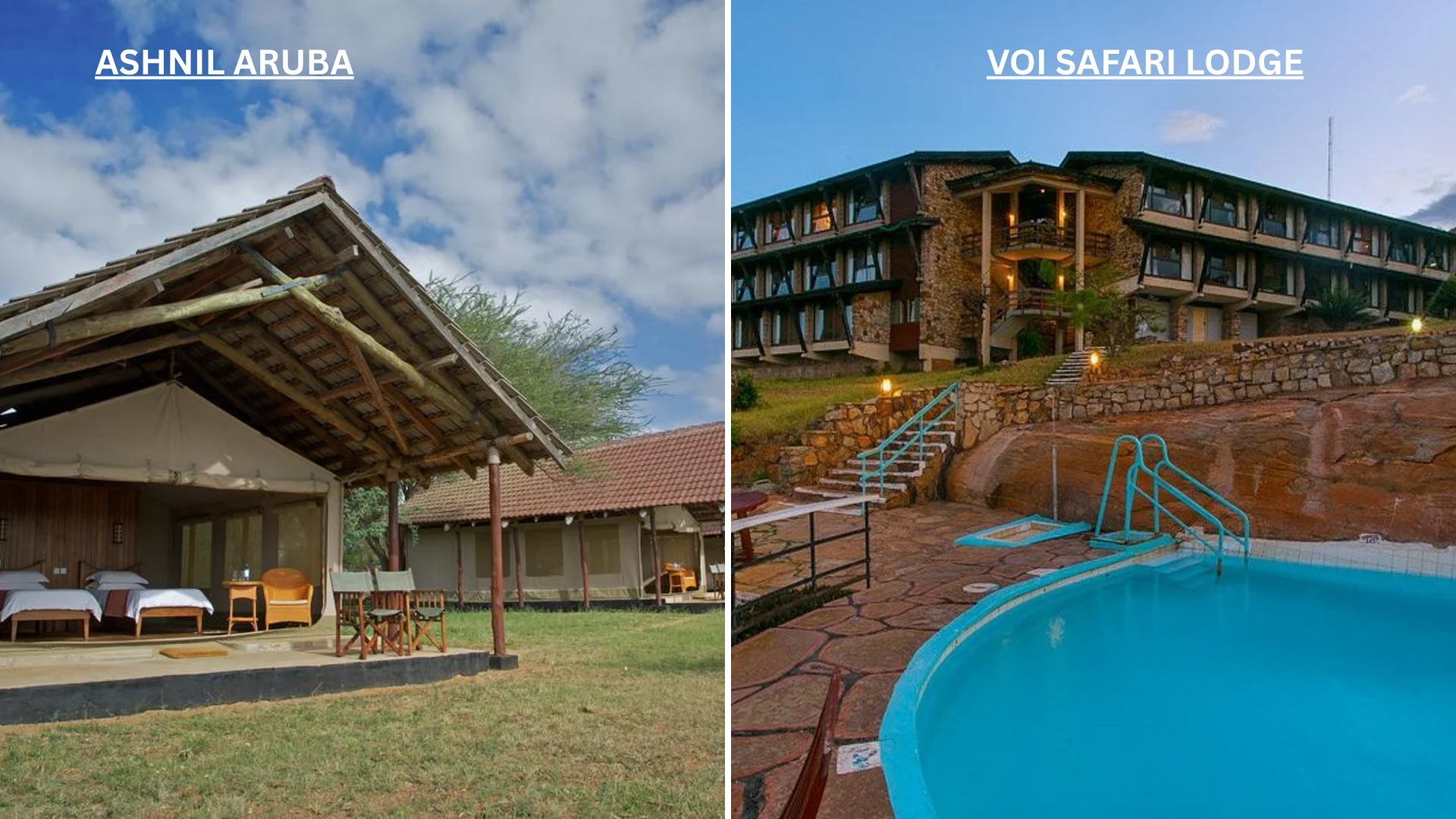 comparison between ashnil aruba lodge and voi safari lodge